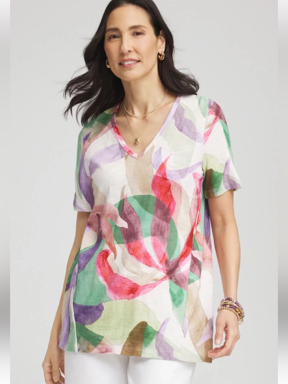 NWT Chico's Multicolor Floral Short Sleeve Forward-Seam Tee. Watercolor size S